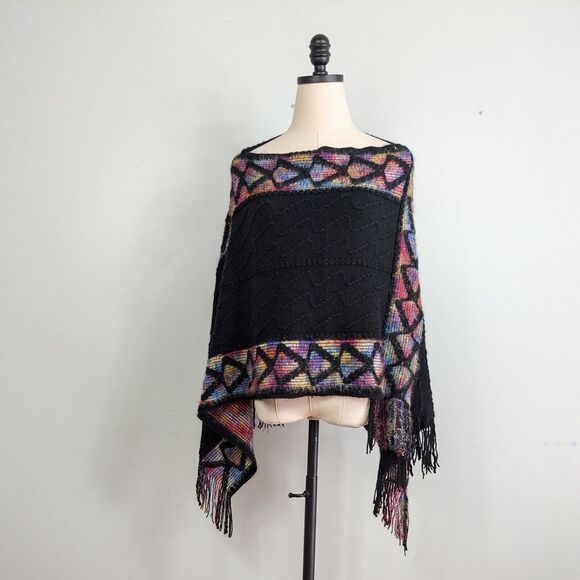 Fringed Poncho Sweater OS Black Multicolor Artsy Colorful Rainbow Watercolor - Picture 1 of 9
